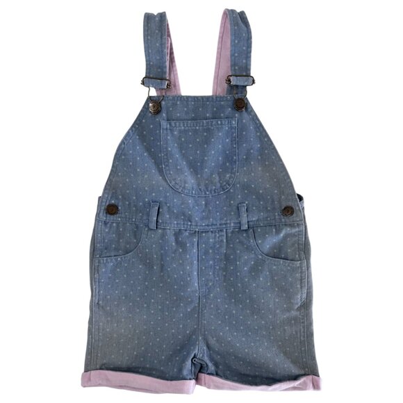 DOTTY DUNGAREES - POLKA DOT OVERALL SHORT - 54% COTTON - BABY BLUE/PINK - Picture 1 of 4